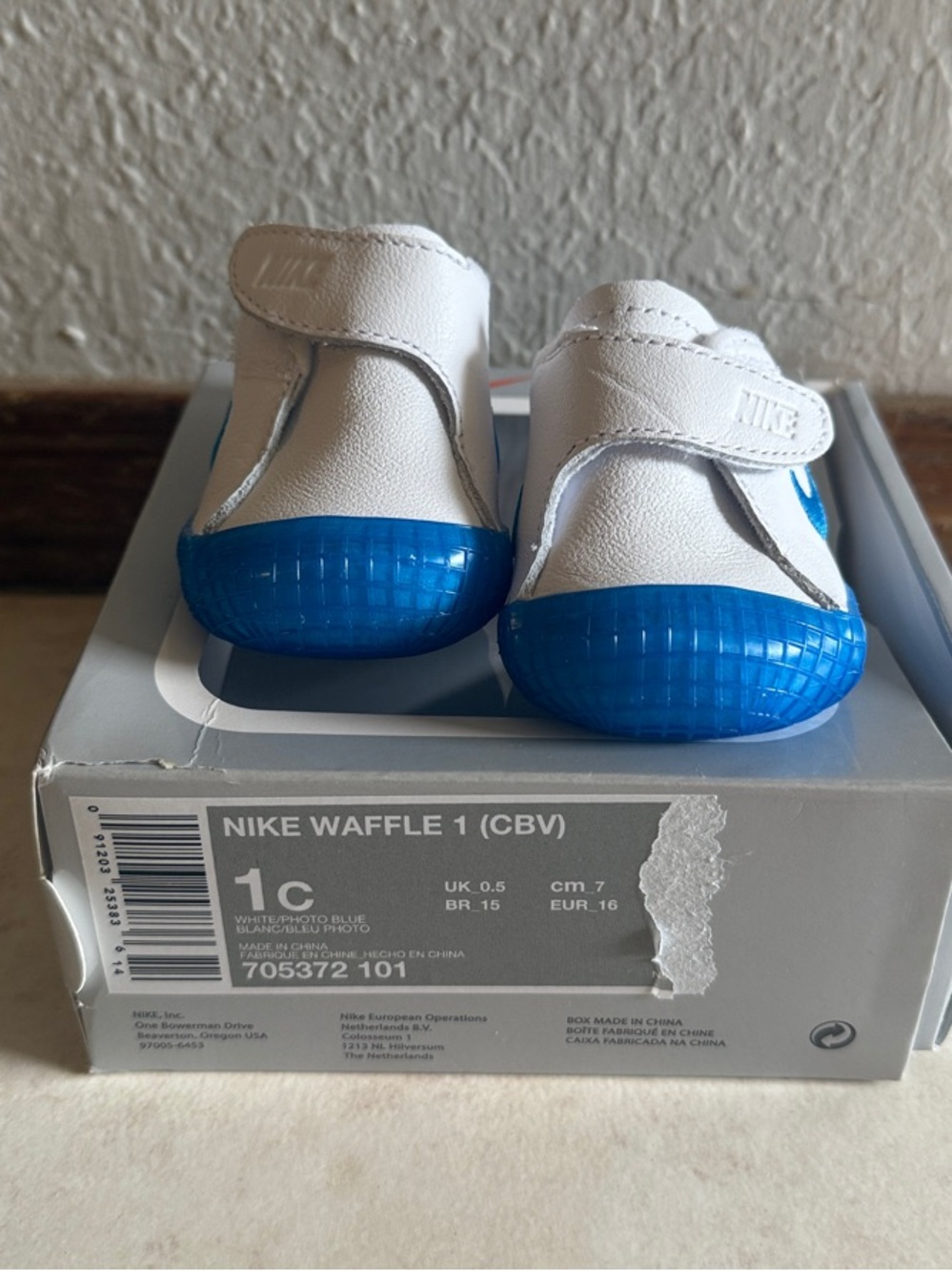Nike Baby Waffle 1 White Slip-On Shoes with Bright Blue Toe Cap